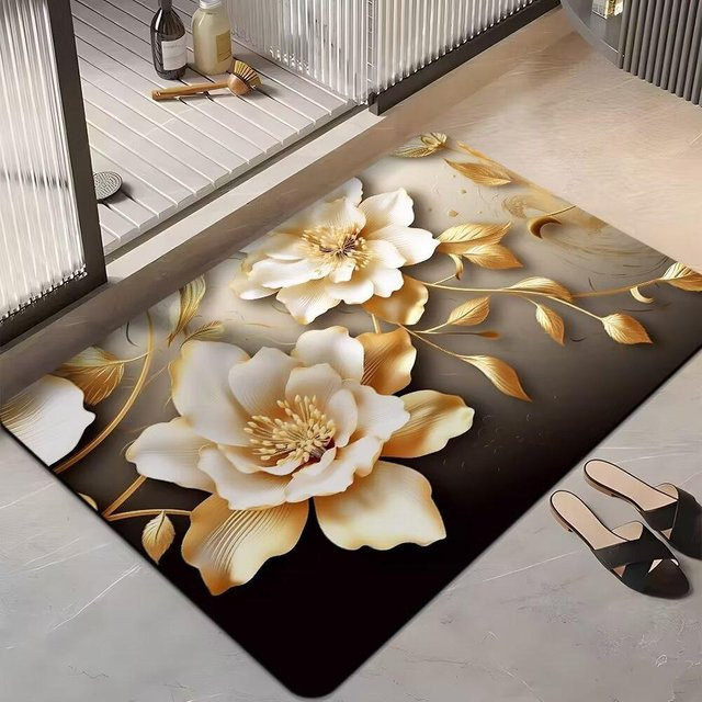 Saugfähige und rutschfeste Badezimmermatte mit floralem Design in Weiß, B/B: 50 x 80 cm, Höhe: 0,25 cm - Bild 1