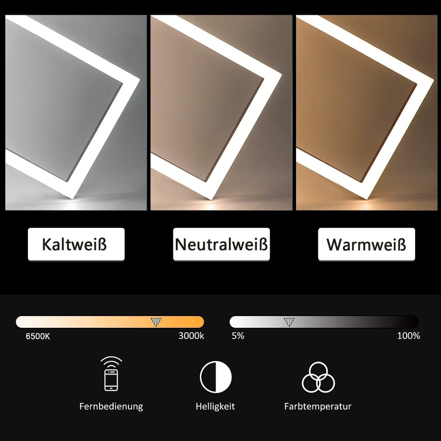 Cliheet LED-Deckenleuchte in Schwarz mit 3 Rahmen, dimmbar und mit Fernbedienung, modern und rechteckig für Wohnzimmer und Schlafzimmer - Bild 3