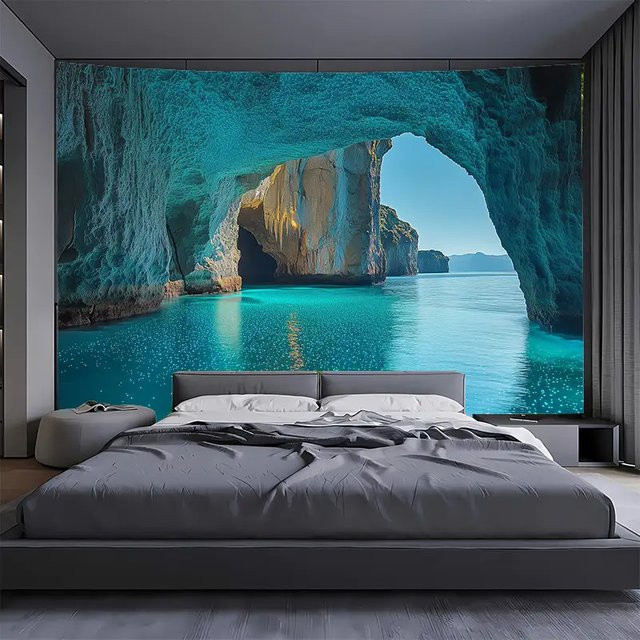 VIKAMA Wandteppich Mediterrane Küste in Blau mit Motiv einer Meereshöhle zur Raumdekoration B: 60 cm, H: 40 cm - Bild 1