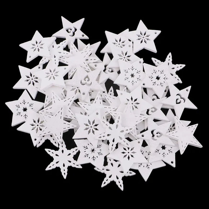 50 Stück weiße Schneeflocken aus Holz als Hängeornamente für Weihnachten, Hochzeit und Bastelarbeiten, Durchmesser: 3 cm - Bild 3