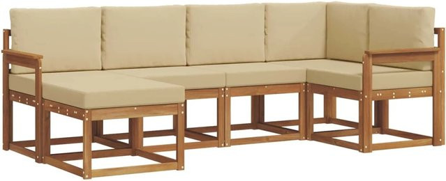 vidaXL Outdoor-Sofagarnitur aus Akazienholz in L-Form mit 6 Teilen und Kissen, Farbe Natur und Beige - Bild 1