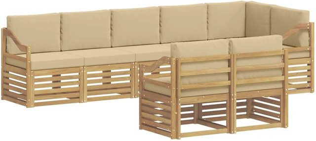 vidaXL Outdoor-Sofagarnitur aus Akazienholz in L-Form, 8-teiliges Set in Weiß und Beige mit Polsterkissen, B/T/H: 304 x 126,5 x 73 cm - Bild 1