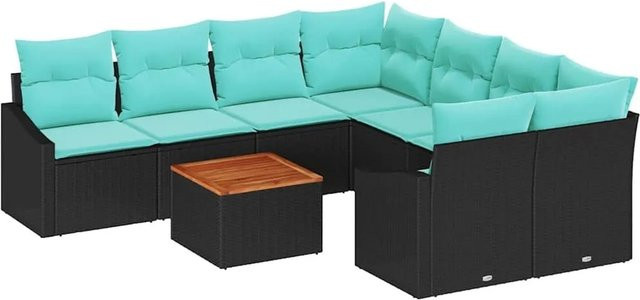 vidaXL Gartensofa-Set aus Poly-Rattan und Akazienholz in Schwarz, 9-teiliges L-Shape Lounge-Set mit Kissen und Tisch - Bild 1