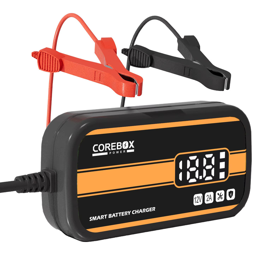 Intelligentes 12 V 2 A Batterieladegerät mit LCD-Display für Auto, Motorrad, Wohnmobil, ATV und Boot, passend für Blei-Säure, AGM und Gel Batterien, Schwarz-Orange - Bild 2