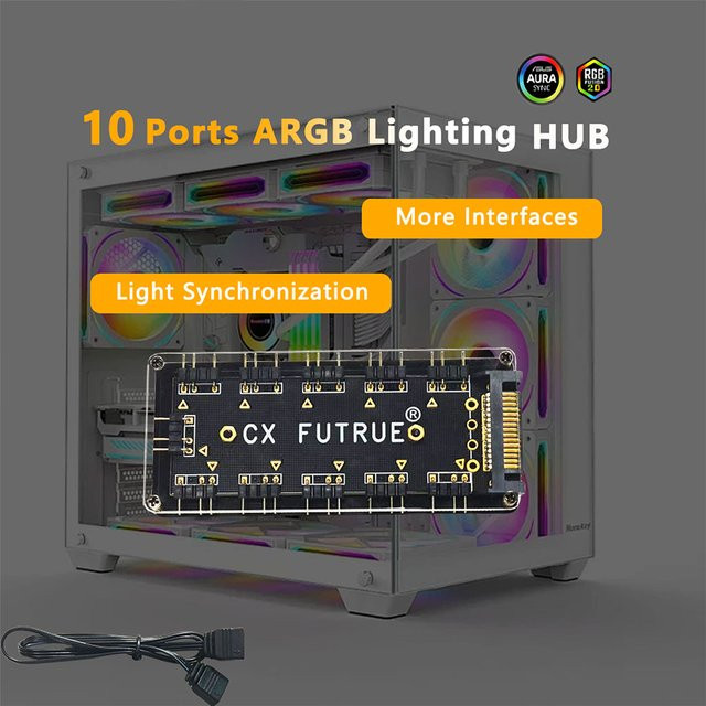 AuyiHomu 10-Port ARGB-Beleuchtungshub für PC mit 5V 3-Pin-Anschluss und SATA-Stromversorgung, Schwarz - Bild 1