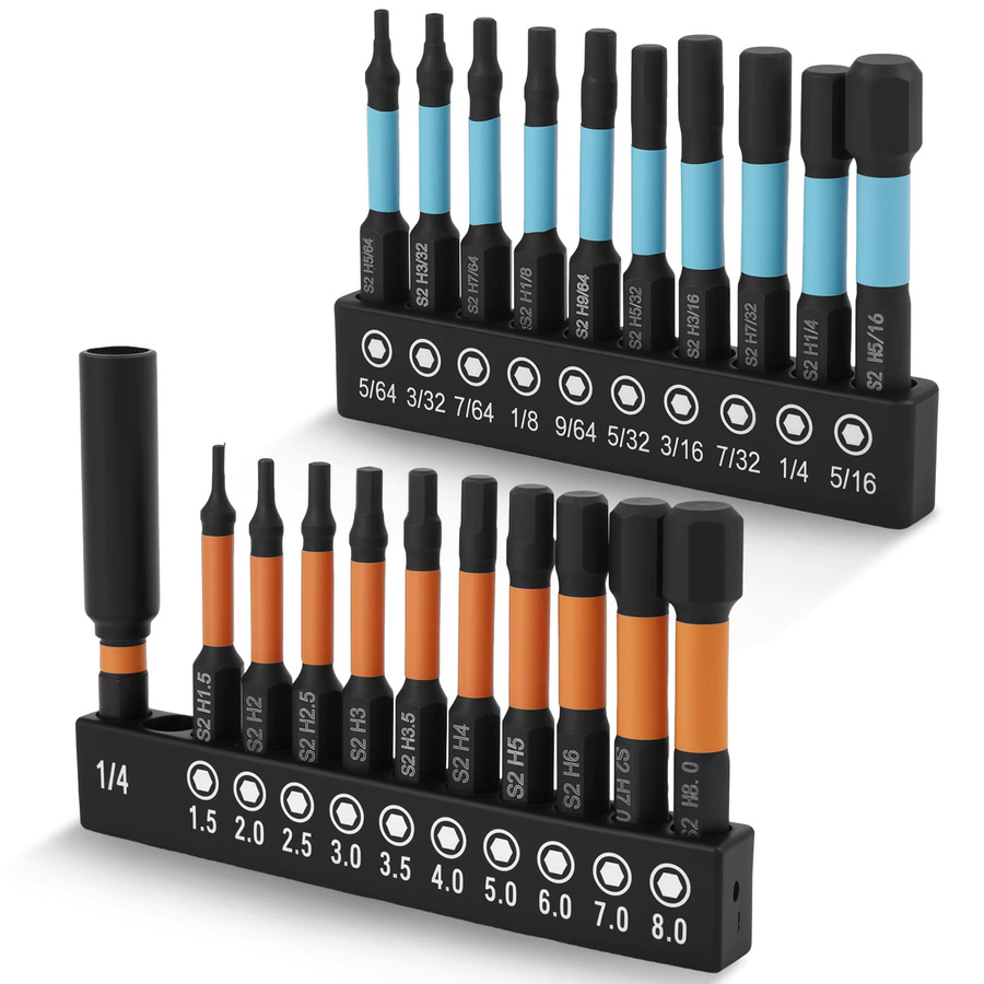 Toorise Magnetisches Inbusschlüssel Bohrer Set mit 21 Stück, Metrische & Imperial Impact Hex Kopf Schraubendreher Bits, 1/4 Zoll Hex-Schaft, Orange - Bild 5
