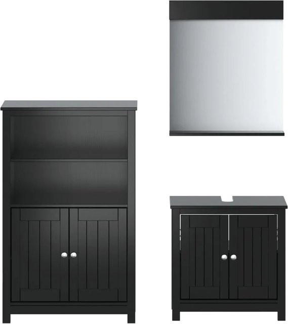 vidaXL 3-teiliges Badmöbel-Set BERG in Schwarz aus Massivholz Kiefer mit Waschtischunterschrank, Hochschrank und Spiegelschrank im rustikalen Design - Bild 1
