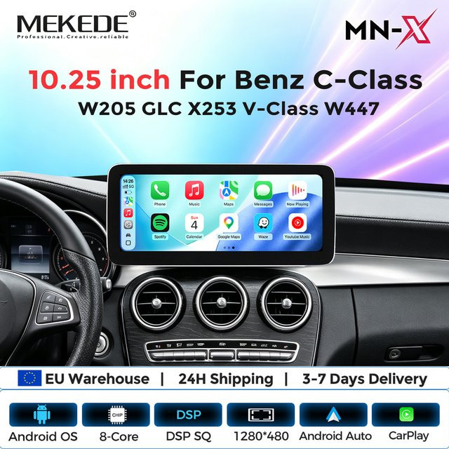 MEKEDE Android 15 Autoradio mit 8-Kern MTK6762, Kabelloses CarPlay und Android Auto, Multimedia-Navigation mit GPS, DSP, 4G LTE und WiFi für Mercedes-Benz C-Klasse W205, GLC X253 und V-Klasse W447, Schwarz - Bild 1