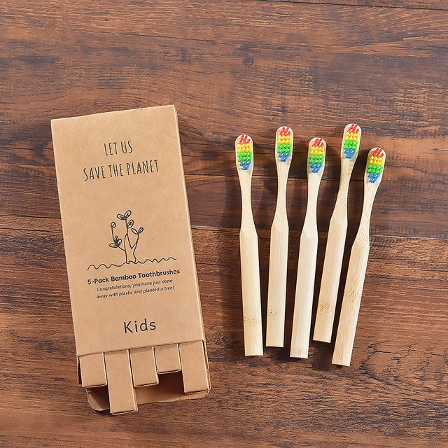 Bamboo World Zahnbürste Kinder, 5 Stück, weiche Borsten, Bambus - Bild 1