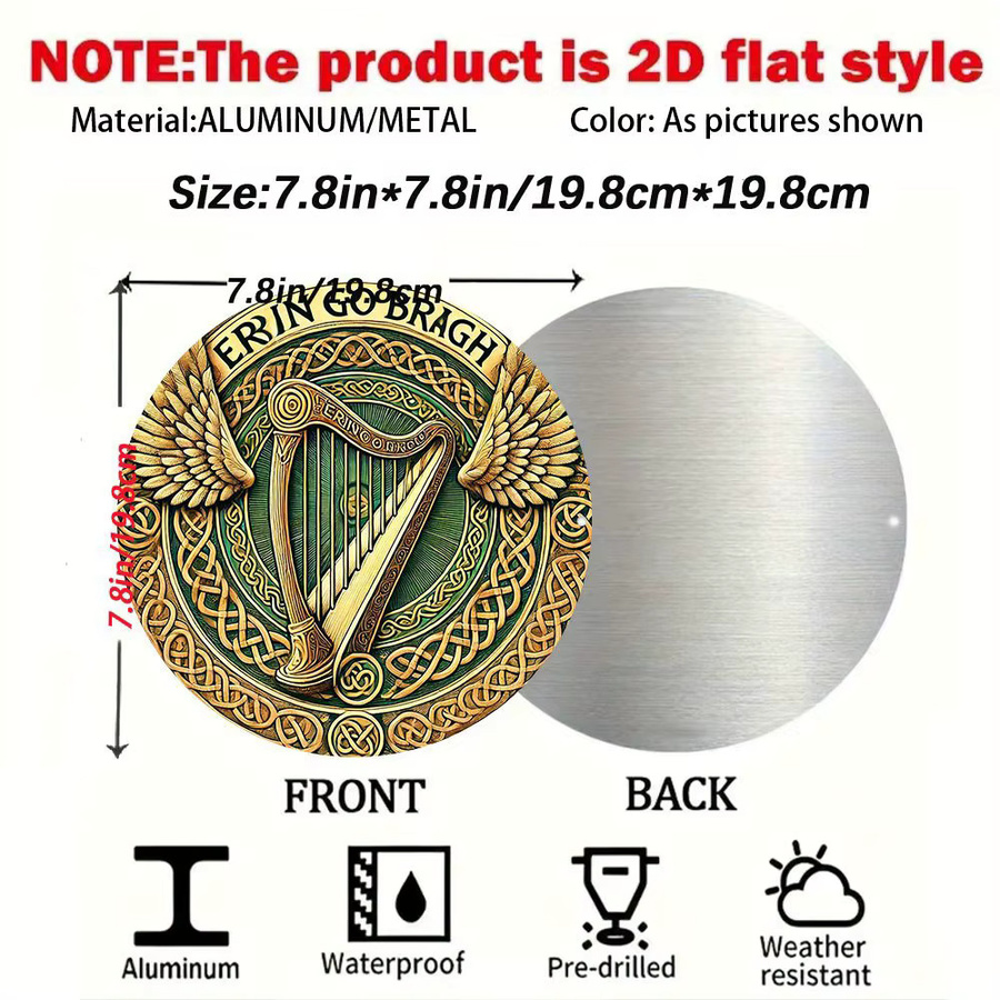 Potdemiel Keltische Wanddekoration Erin Go Bragh mit goldener Harfe, runde Aluminium-Metallplakette, Durchmesser: 20 cm - Bild 2