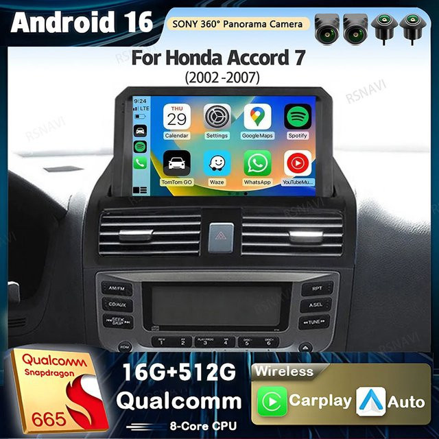 RSNAVI Android 16 Autoradio für Honda Accord 7 (2002-2007) mit Carplay, Multimedia-Videoplayer, Navigation GPS, Stereo 2Din, DVD, WIFI und 4G in Schwarz - Bild 1