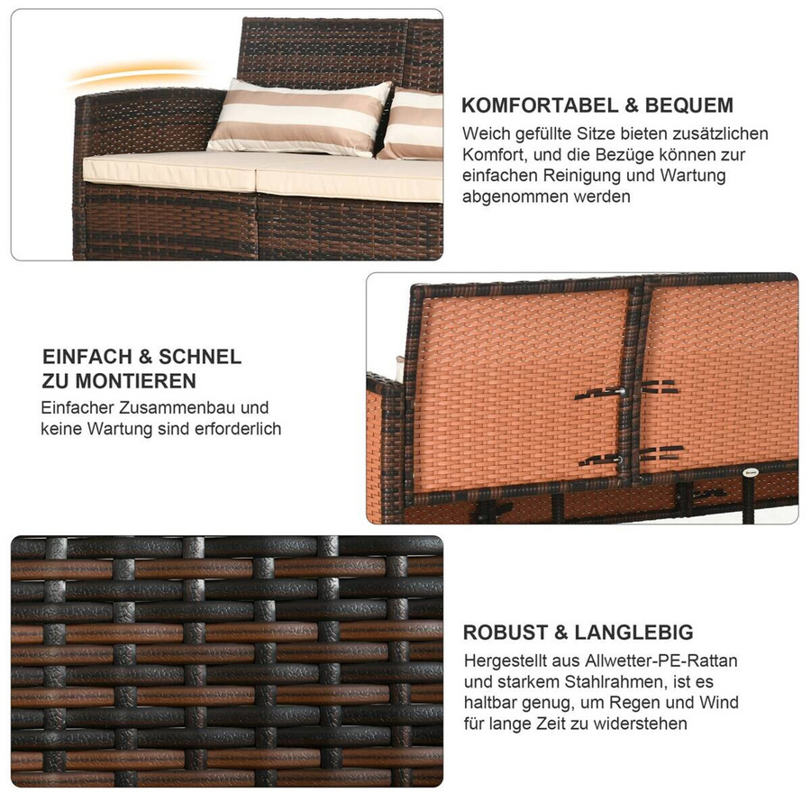 Outsunny Garten-Dreisitzer Rattan Sofa mit Kissen in Braun, Stahlgestell und PE-Rattan, B: 173 cm, T: 68 cm, H: 78 cm - Bild 4