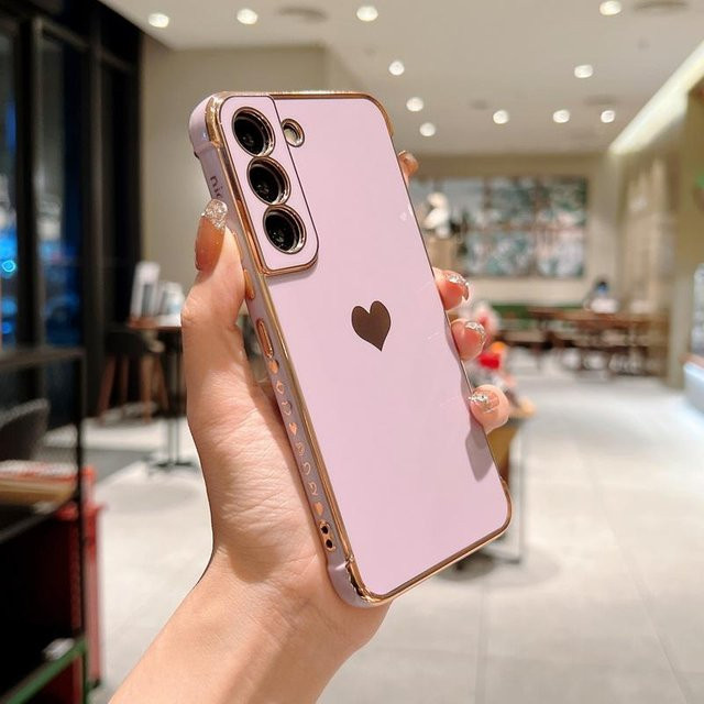 Luxus vergoldete Handyhülle mit Liebesherz-Seitenmuster für Samsung Galaxy S24 S25 S23 S22 Ultra und weitere Modelle, Farbe: Gold/Pink - Bild 1