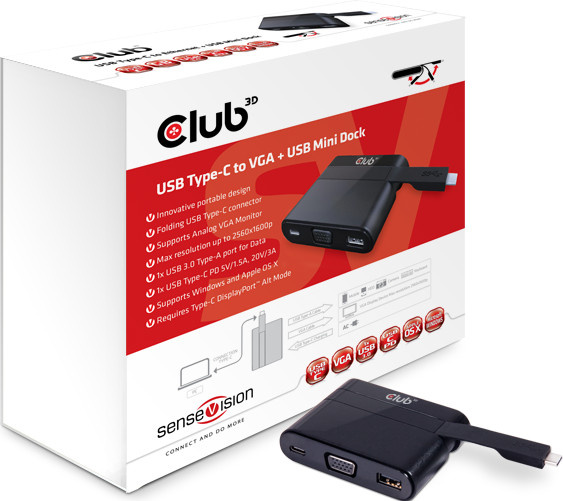 CLUB3D USB 3.0 Type-C zu VGA und USB Mini Dockingstation, Schwarz, CSV-1532 - Bild 1