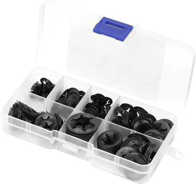 260 Stück Manganstahl Aufschiebscheiben Sicherungsscheiben Set in Schwarz, Durchmesser: 3 mm, 4 mm, 5 mm, 6 mm, 8 mm, 10 mm, 12 mm - Bild 1