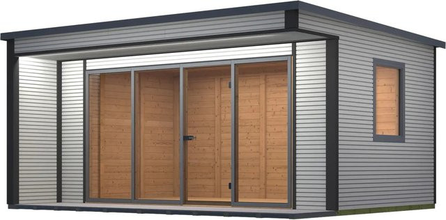 Weka Designhaus Cubilis 4.0 Gartenhaus aus Massivholz in Grau mit Aluminium-Dachblende und Regenrinnen-Set - Bild 1
