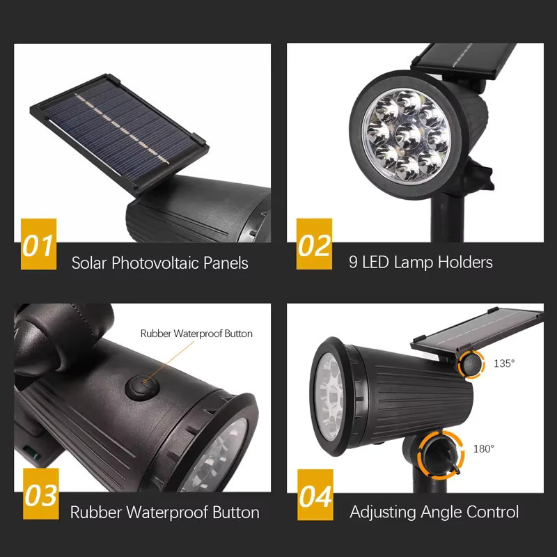 XIWANGFIRE Solarstrahler mit 9 LEDs in Schwarz, verstellbare LED-Außenbeleuchtung für Garten und Rasen mit warmweißem Licht - Bild 4