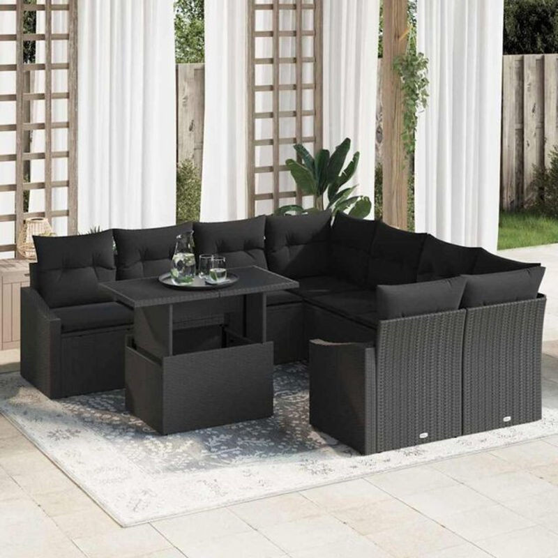 Vidaxl Polyrattan Garten-Sofa-Set mit 9 Kissen in Schwarz, modernes modulares Loungemöbel-Set mit Metallrahmen, B/T/H: 100 x 55 x 73 cm - Bild 1