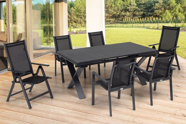 OUTFLEXX Garten-Essgruppe aus Aluminium und Spraystone in Anthrazit Matt mit ausziehbarem Tisch und 6 Stühlen - Bild 1