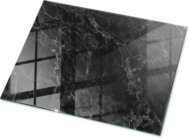 Tulup Couchtischplatte aus Glas mit geädertem Marmormuster in Schwarz, Rechteckig, B: 80 cm, T: 60 cm - Bild 1