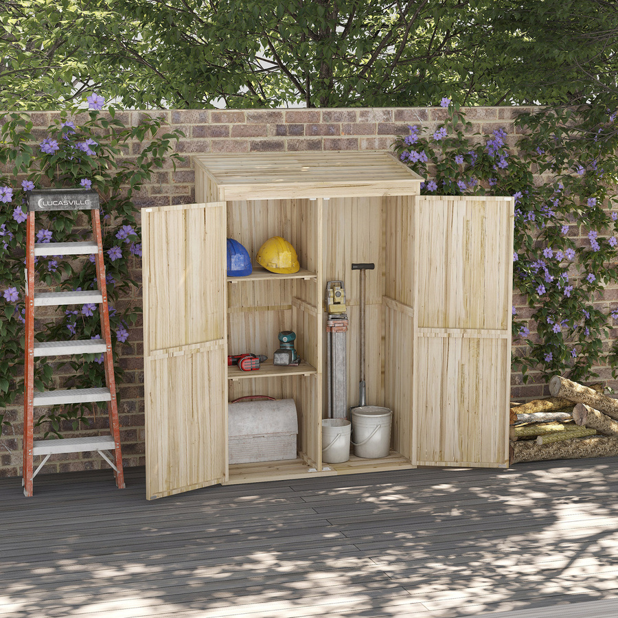 Outsunny Gartenhaus Holzschrank mit 2 Regalen und 2 magnetischen Türen in Naturholz, B/T/H: 120 x 57 x 183 cm - Bild 2