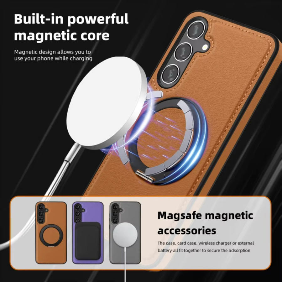 Magnetische Stoßfeste Schutzhülle mit Leder-Muster und Standfunktion für Samsung Galaxy S25 S26 S24 S23 Ultra Plus S25 FE in Orange mit MagSafe Kompatibilität - Bild 3