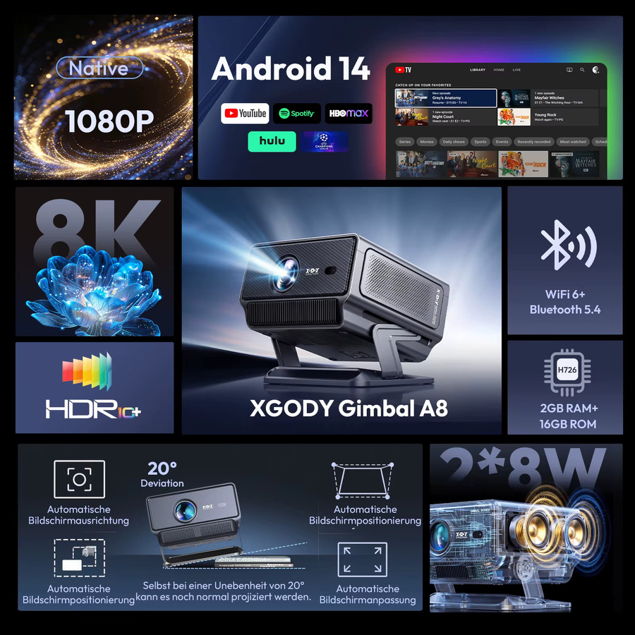 XGODY Gimbal A8 Business-Projektor mit 1200 ANSI, Android 14, KI-Autofokus und 4K/8K Unterstützung, Native 1080p Full HD Auflösung, Schwarz - Bild 3