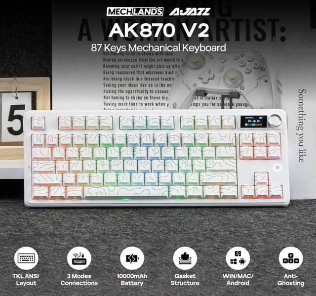 Ajazz AK870 V2 TKL Mechanische Gaming-Tastatur mit Kugellager, Kabellos Bluetooth 5.0/2.4GHz/USB-C, Weiß - Bild 1