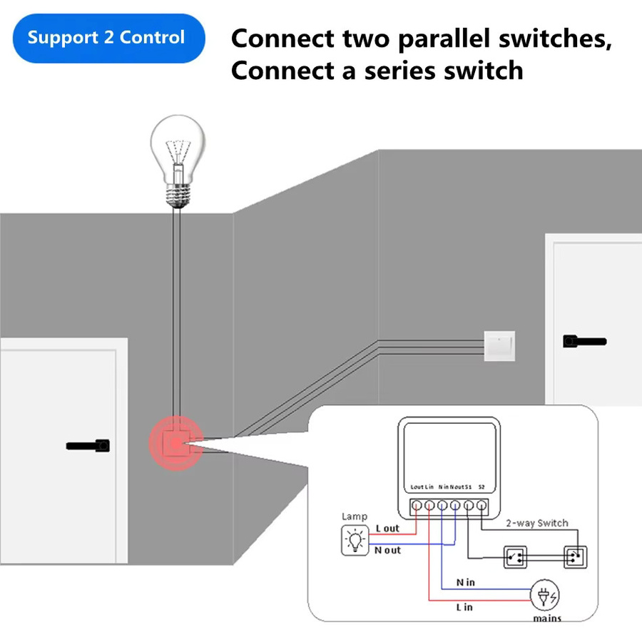 Tuya Mini 16A WiFi Smart Home Modul für 2-Wege-Steuerung, weißes DIY-Schaltermodul kompatibel mit Alexa und Google Home via Smart Life App - Bild 3