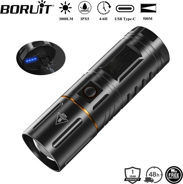 BORUiT LED Zoom Taschenlampe mit 3000LM und 500M Long Throw, schwarz, IPX5 wasserdicht, wiederaufladbar via Typ-C mit Power Bank Funktion für Camping und Jagd - Bild 1