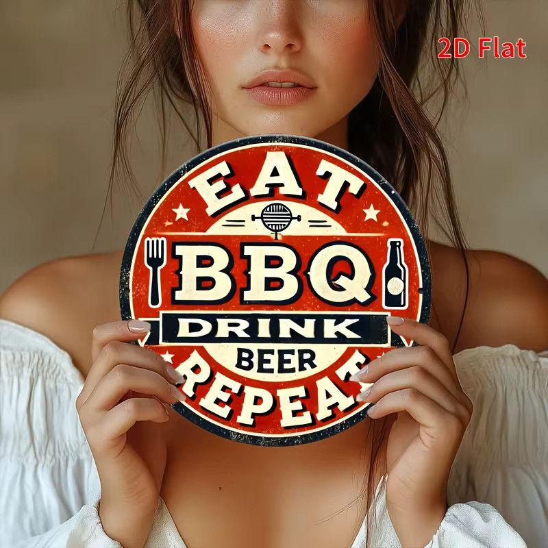 Potdemiel Vintage-Wandschild aus Aluminium für Grill und Bier, rundes Retro-Dekor mit Grillutensilien und Sternen - Bild 4