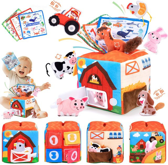 Yunhuisheng Plüsch Baby Tissue Box mit Sound Bauernhof Tiere Montessori Spielzeug für Neugeborene und Kleinkinder, Mehrfarbig - Bild 1