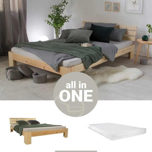 Homestyle4u Holzbett aus Kiefer mit Lattenrost und Schaumstoffmatratze in Braun, B/T/H: 120 x 204 x 66 cm - Bild 1