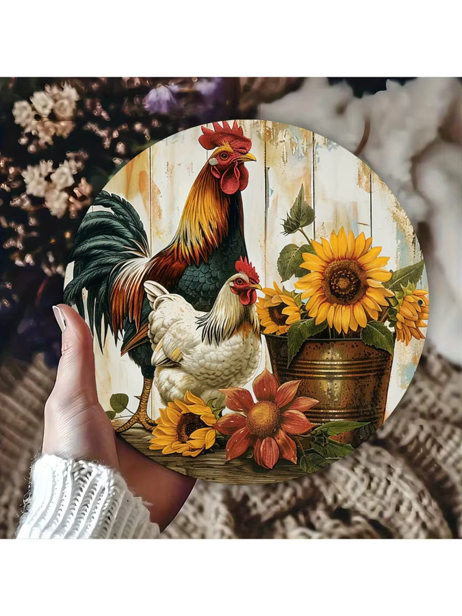 HELLOYOUNG Vintage Farmhouse Wandkunst aus Metall mit Hahn und Sonnenblumen, rund, Mehrfarbig, Durchmesser: 20 cm - Bild 6