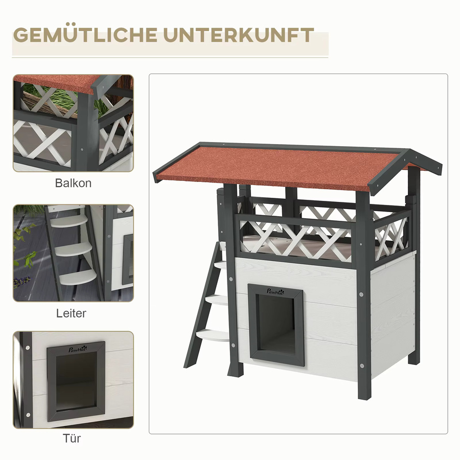 Svintora 2-stöckige Katzenvilla aus Holz mit wetterfestem Asphaltdach, Balkon und Kletterleiter für Garten, Balkon oder Terrassen - Bild 4