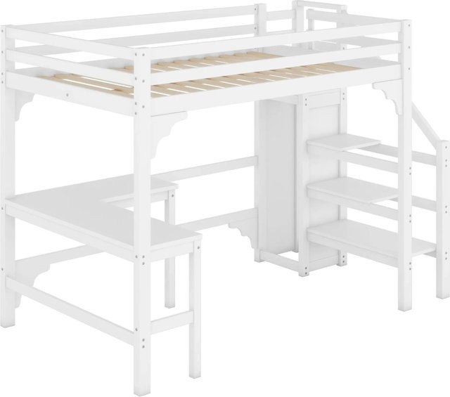 KOMHTOM Hochbett aus Kiefernholz und MDF mit L-förmigem Schreibtisch und offenem Kleiderschrank in Weiß, B/T/H: 200 x 140 x 175 cm - Bild 1