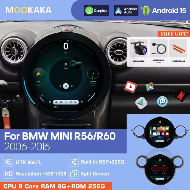 Android 15 Multimedia-Player für BMW Mini Cooper R56 R60 (2006-2016) mit Carplay, GPS Navigation und 360 Werkzeugen in Schwarz - Bild 1