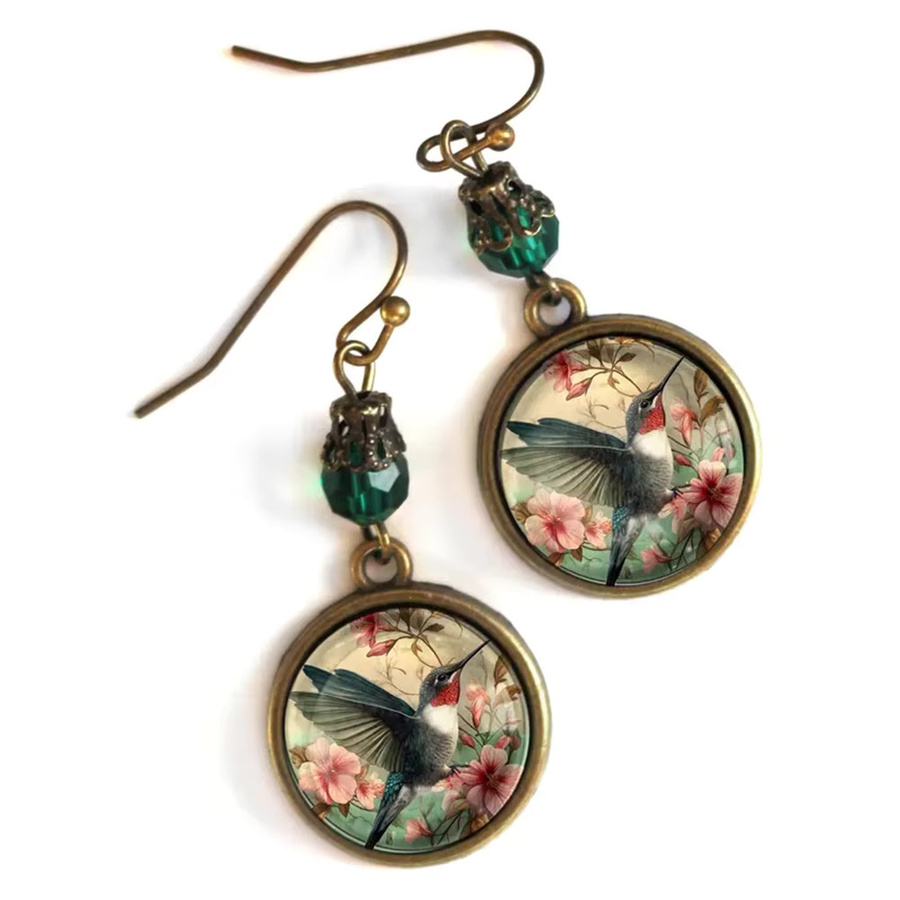 konminry Ohrringe, Vintage, Perle, Kolibri, Blume, Glas, Messing, Gold, Damen - Bild 2