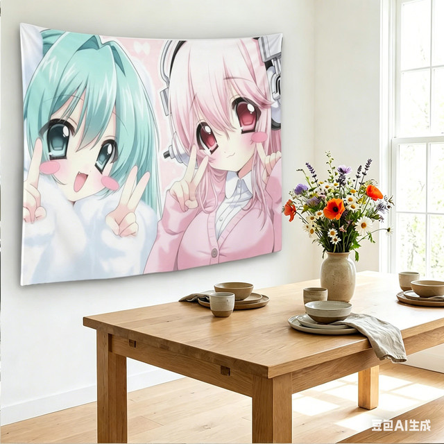 Sonico & Anime Mi-kku Mädchen Wandteppich in Rosa und Mint als dekorativer Wandbehang für dein Teenager-Schlafzimmer oder Wohnheim, B: 60 cm, H: 40 cm - Bild 1