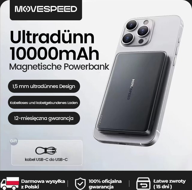 MOVESPEED S10 Magnetische Powerbank 10000mAh mit Schnellladung, tragbare kabellose externe Batterie für iPhone und Samsung - Bild 1