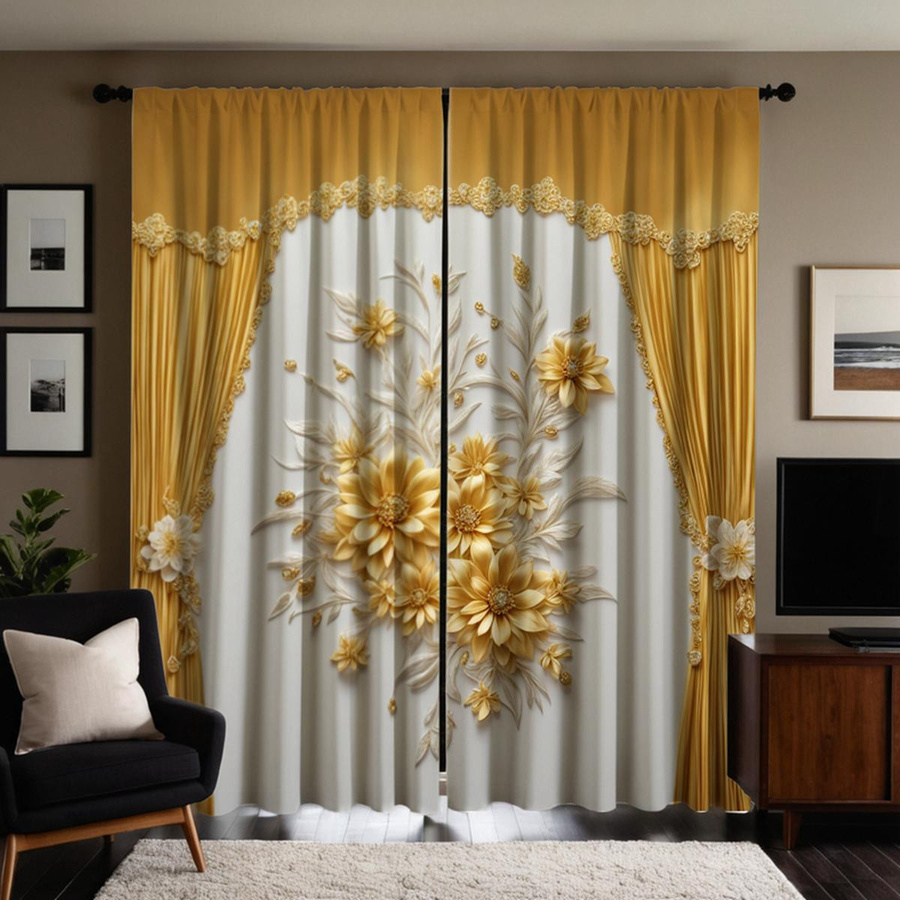 Tonnika Chen Transparentes Vorhang-Set mit gelbem Blumenmuster aus Polyester, Breite: 100 cm, Höhe: 70 cm - Bild 2