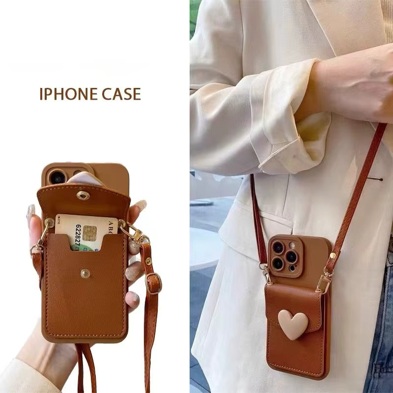Niedrige Umhängetasche mit 3D-Liebesherz-Abdeckung, Kartenhalter und Handyhülle für iPhone Modelle in Schwarz oder Braun - Bild 2
