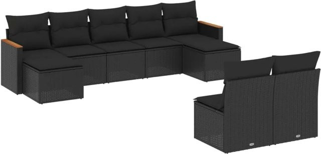 vidaXL 9-tlg Garten-Sofagarnitur aus Polyrattan und Akazienholz in Schwarz mit Kissen und Stauraum - Bild 1