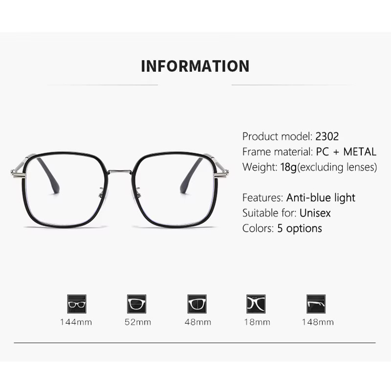 VABBON 2302 Korrektionsbrille, Vollrand, Square, Black, Unisex, Blaulichtfilter - Bild 2