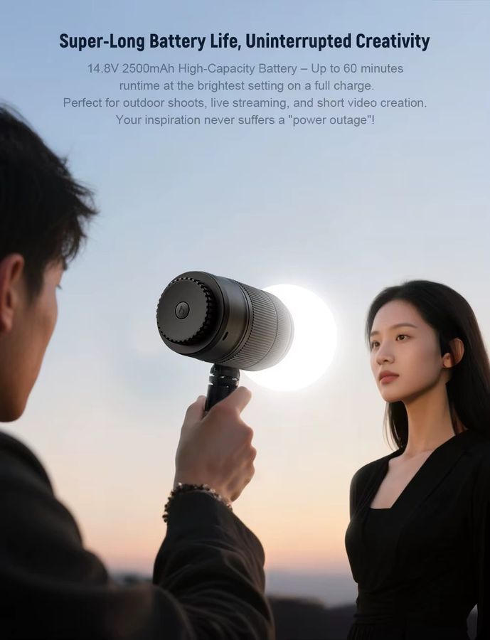 LUXCEO Professionelle LED-Videoleuchte 60 W mit Akku, CRI≥95, Farbtemperatur 2500 K–6500 K, tragbare Fotolampe für YouTube, Streaming und Studio - Bild 4