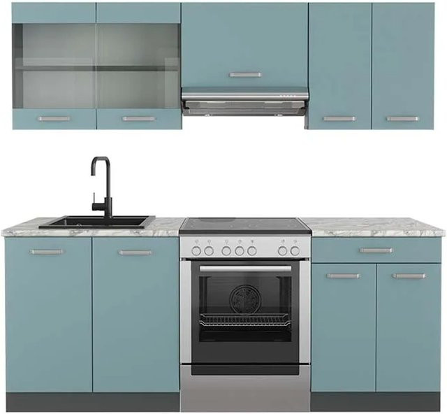 Vicco R-Line Küchenzeile modern in Blau-Grau und Anthrazit mit Marmor-Optik, Breite: 200 cm - Bild 1