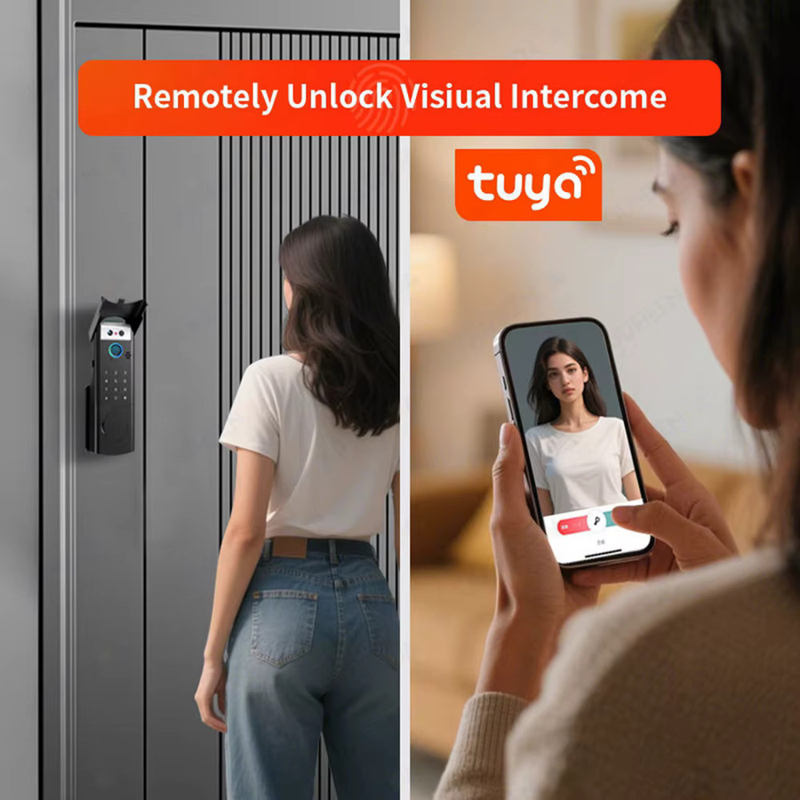 Tuya Smart Outdoor Türschloss mit Gesichtserkennung und Video-Gegensprechanlage, Wasserdichtes elektronisches Schloss mit RFID-Karte und Passwort, Schwarz/Silber - Bild 5