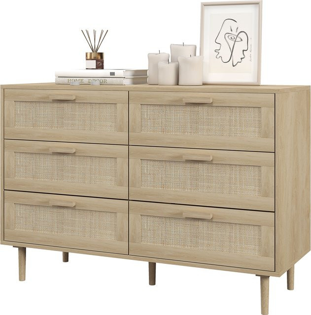 HOMCOM Kommode mit 6 Schubladen in Holzoptik und Rattanflechtwerk, Farbe Beige/Braun, B: 40 cm, T: 10 cm, H: 75 cm - Bild 1
