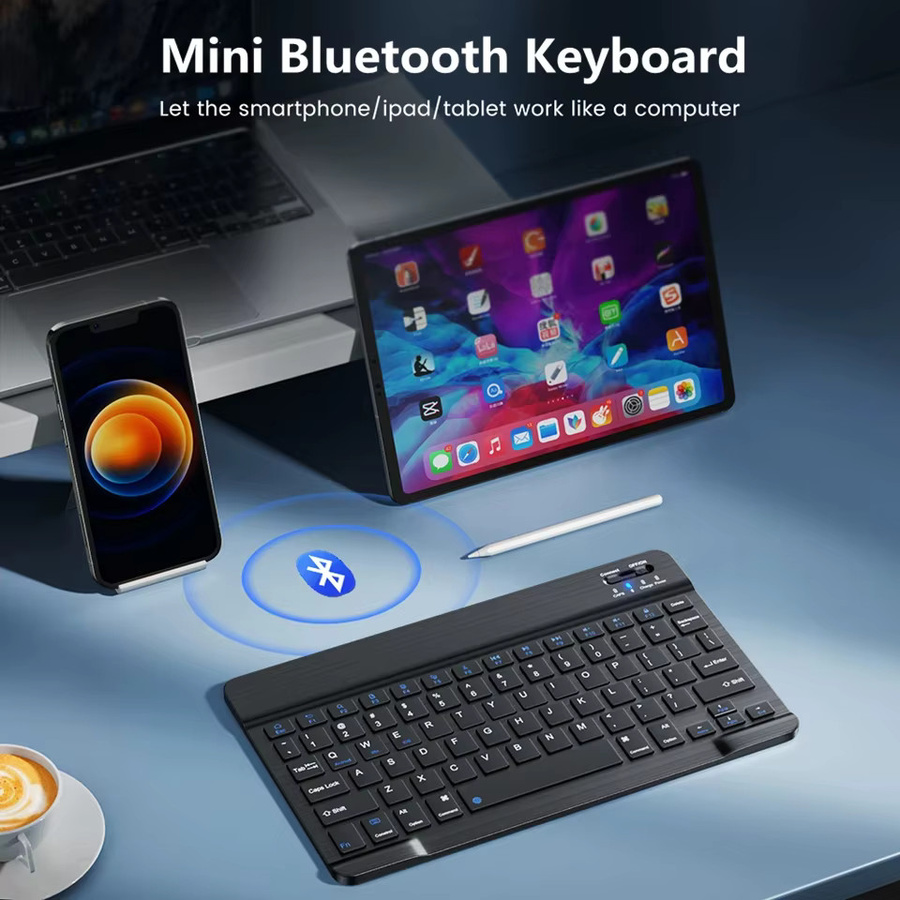 AyeBeau Mini Bluetooth Drahtlose Tastatur mit Maus Set in Schwarz, Azerty Layout für iPad, Mac, PC, Tablet und Laptop - Bild 2