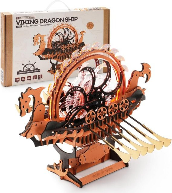 Robotime Wikinger-Drachenschiff, Mechanisches Holzpuzzle, 229 Teile, ab 14 Jahren - Bild 1